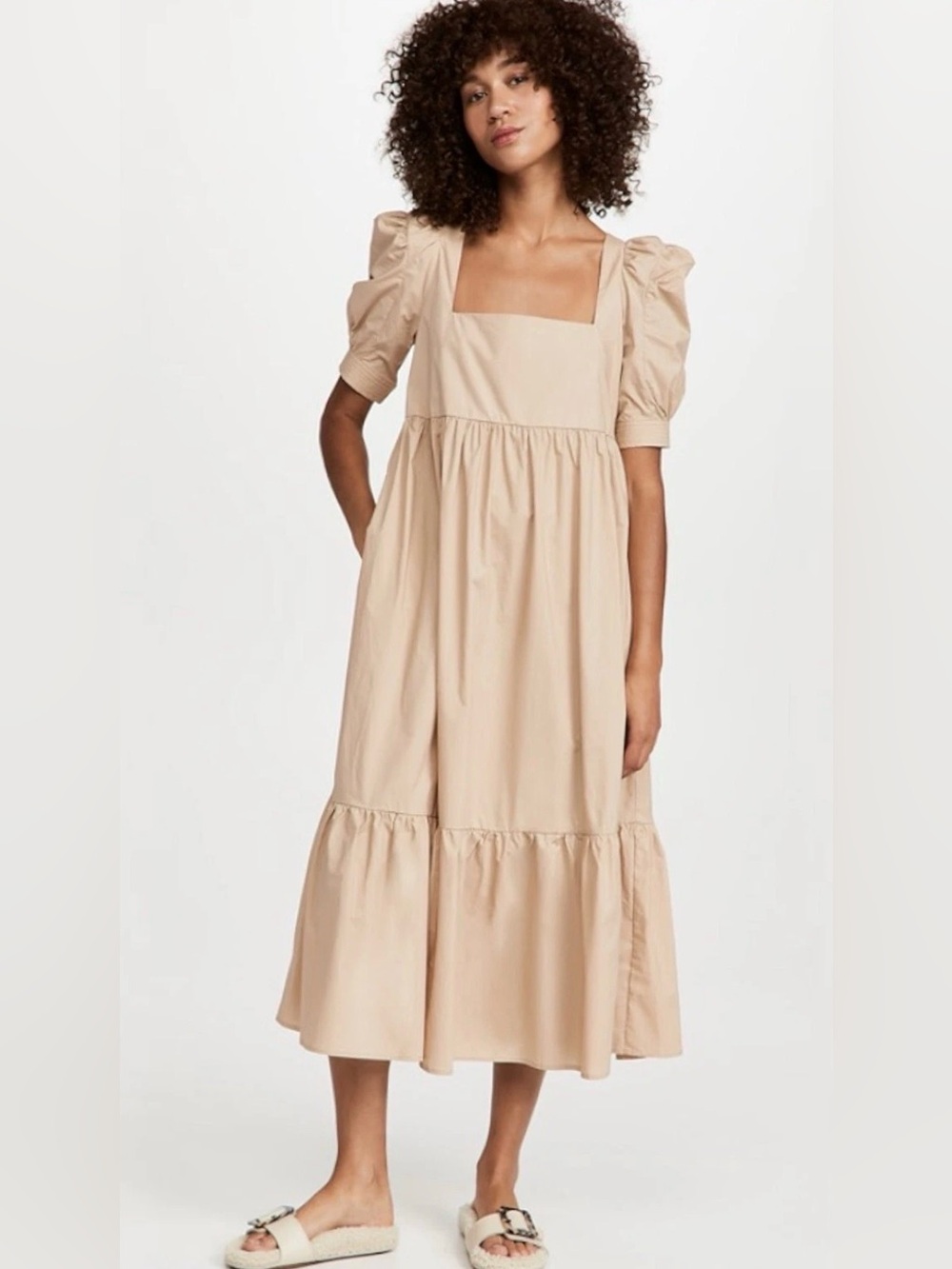 En Saison Square Neck Puff Sleeve Midi Dress Sz XS Natural‎
